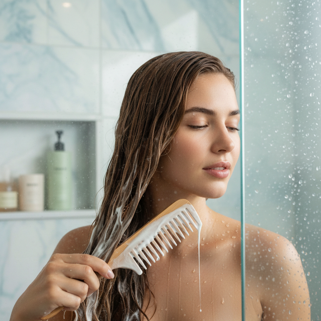 Combing Conditioner Through Hair in Shower