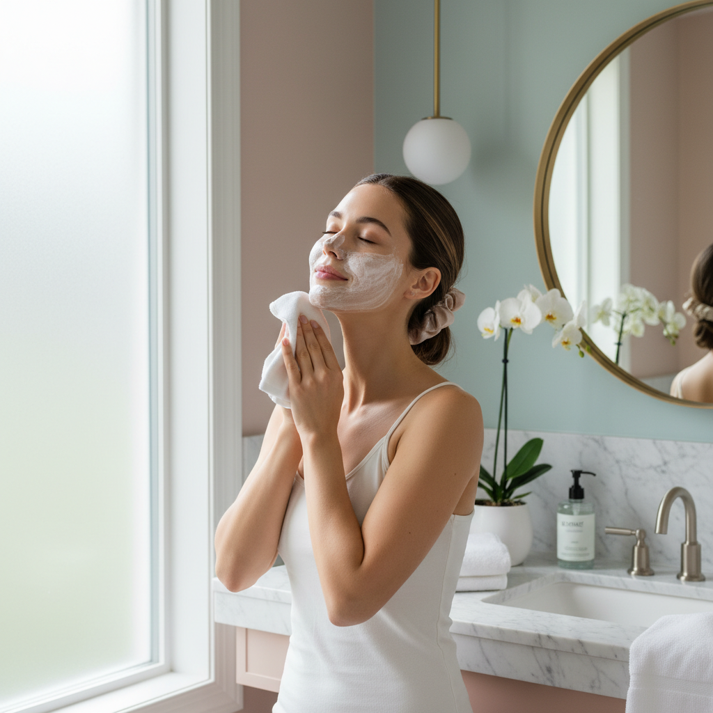 Woman Removing Cleanser with Washcloth