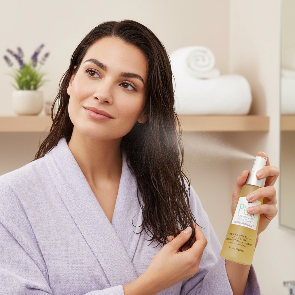 Woman Spraying Leave-In Mist on Hair Strands