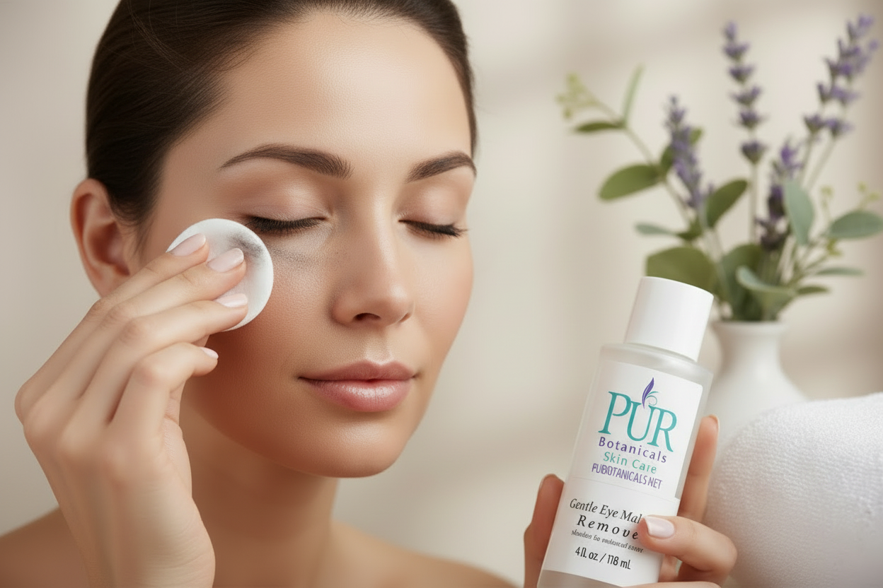 Woman wiping closed eye with dissolving makeup on cotton pad