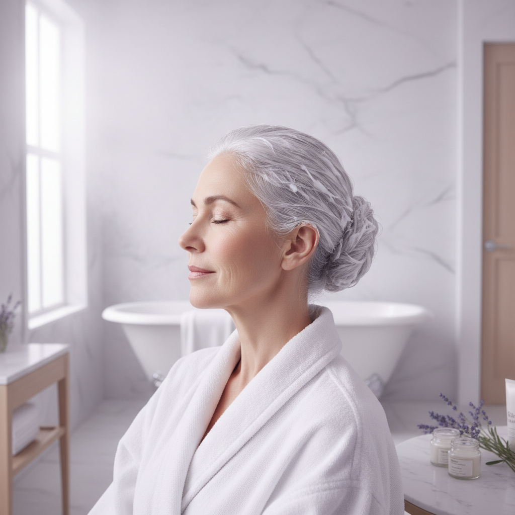 Woman with Shorter Hair Wrapped with Masque Treatment
