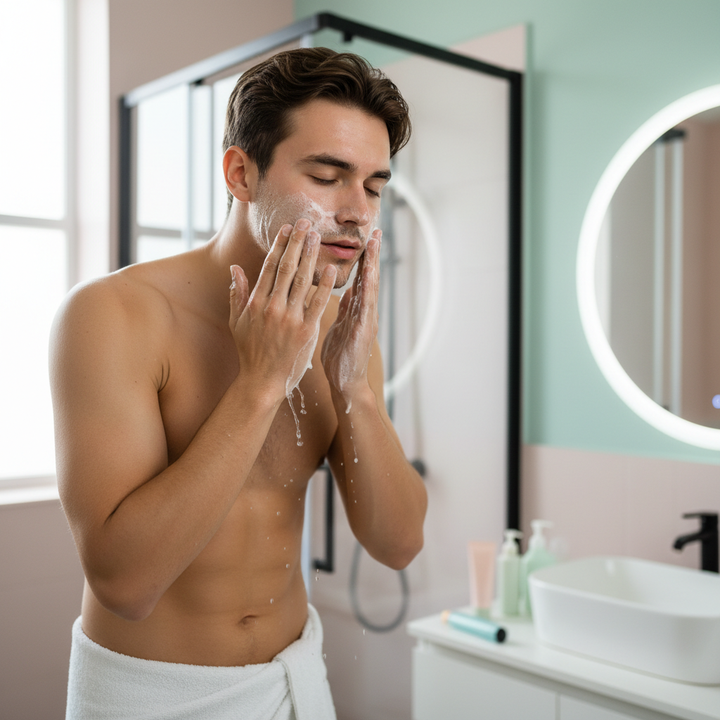 Young Man Using Cleanser for Acne Treatment